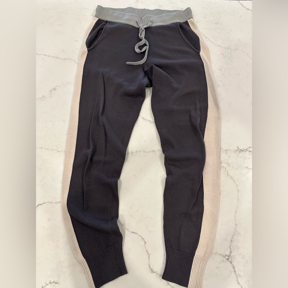 Monroe charcoal cotton-knit joggers, beige 1.5” side stripe. Lt grey waist.